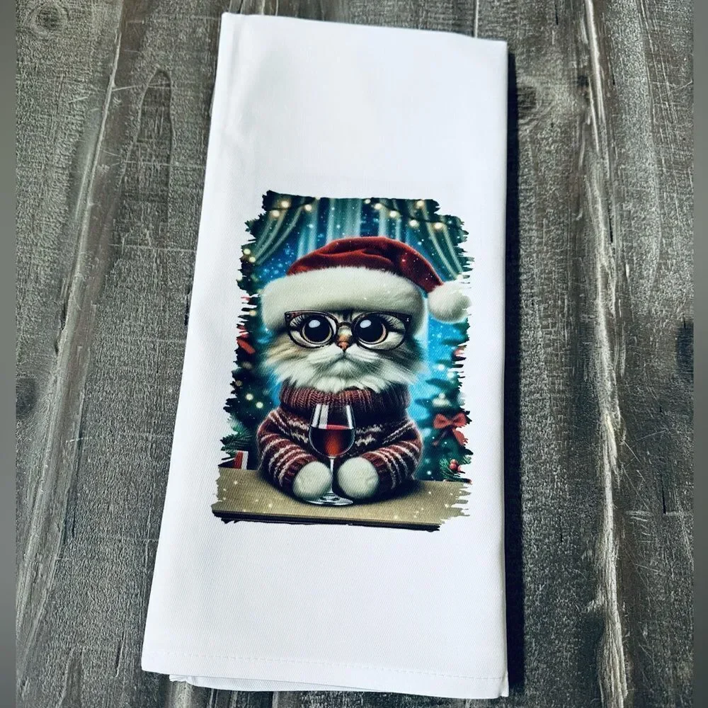 Santa Cat Wine Christmas Holiday Kitchen Dish Towel